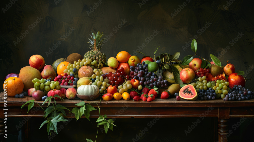 A table is covered with a variety of fruits and vegetables, including apples