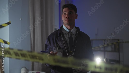 A young hispanic man in a detective outfit inspects a crime scene in a dimly lit room, enhancing the suspenseful atmosphere. photo