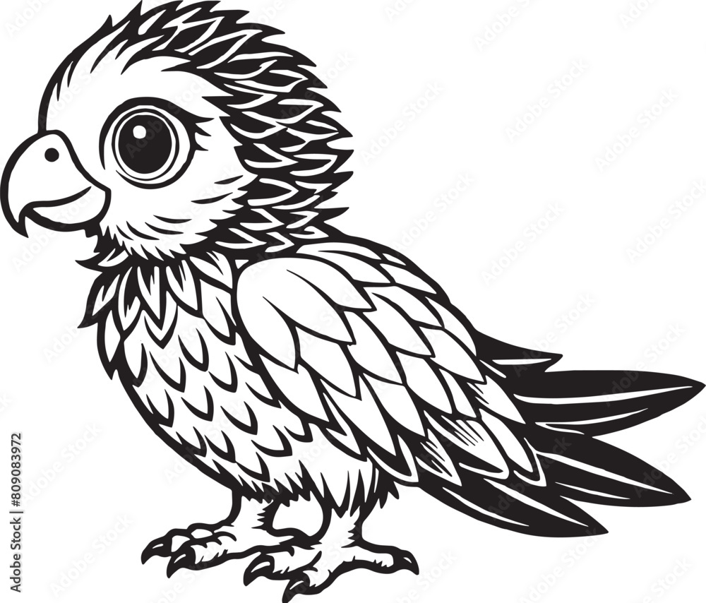 Parrot - Black and White Cartoon Illustration, Vector Art. Parrot - Black and White Cartoon Illustration, Vector Art.