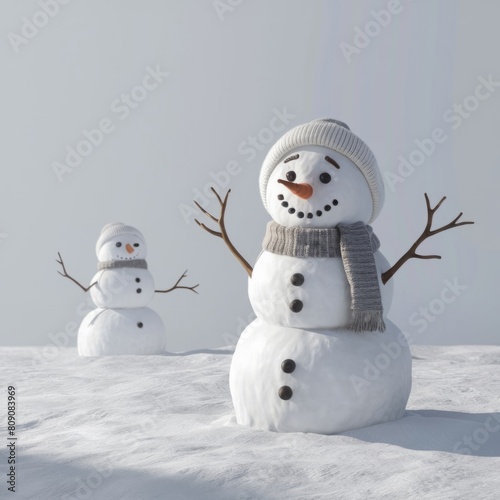 Two snowmen, one large and one small, stand on a snowy expanse under a clear sky, depicting a tranquil winter scene. Copy space. AI-generated. (ID: 809083969)
