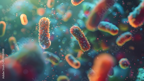 Highlighted by vibrant colors and intricate structures, various bacteria are depicted in a highly detailed 3D rendering under a microscopic simulation.