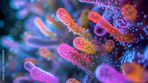 Under a microscopic simulation, a highly detailed 3D rendering showcases various bacteria with intricate structures and vibrant colors.