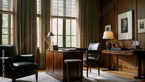 Video animation of well organized office room with classic furniture. The focal point is a large wooden desk positioned in the center of the room photo