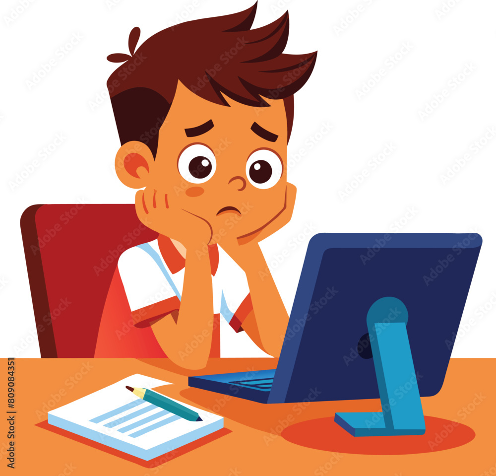 Stressed cartoon boy with low battery icon Stressed cartoon boy with low battery icon