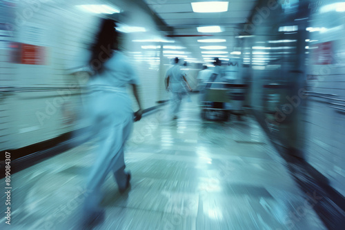 Rushed medical staff reacting to an emergency in hospital corridor. Busy hallway in medical clinic with motion blur effect