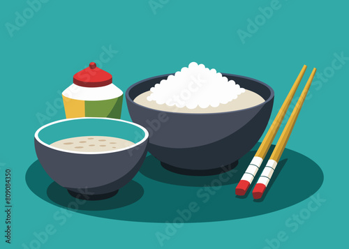 Asian cuisine essentials - rice, miso soup, and chopsticks