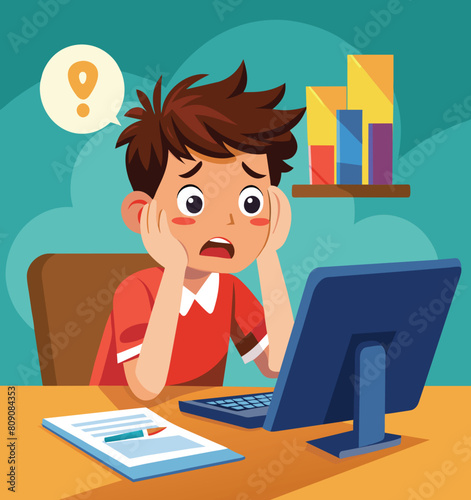 Stressed cartoon boy with low battery icon