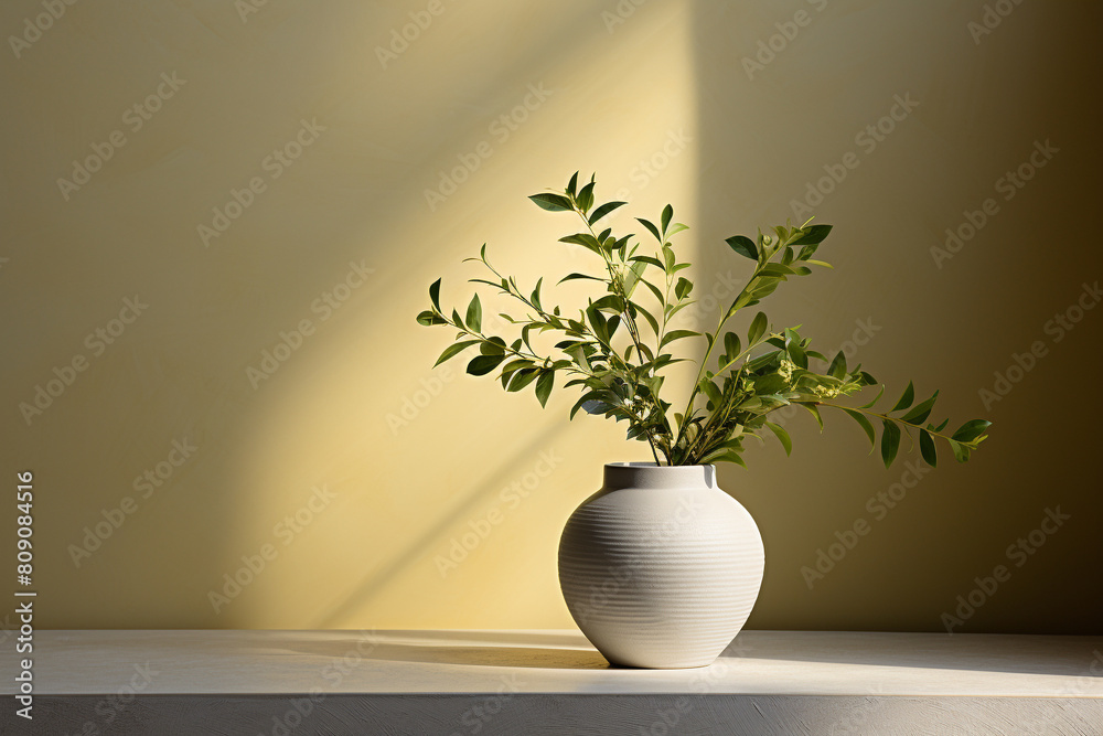 A ceramic vase with green leaves sits on a table against a beige background.