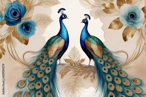 Art background with peacock in a beautiful garden sperched on a blossoming tree branch and gold accents.