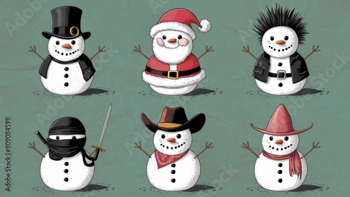 Eclectic Snowmen Characters Collection. Illustration of snowmen in various themed costumes including a ninja, cowboy, and Santa, on a textured background. AI-generated.  (ID: 809084598)