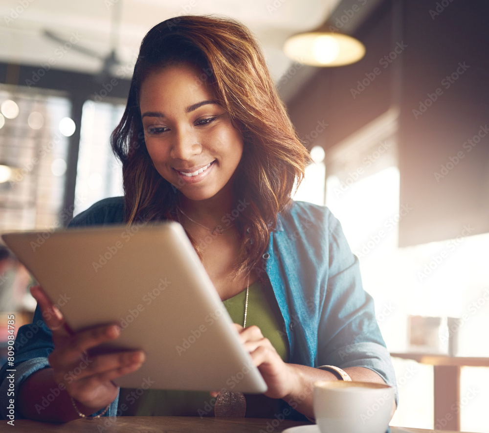 Cafe, business and woman with tablet, typing and connection with internet, coffee and network. Person, copywriting and girl in restaurant, tech or digital app with social media and email notification