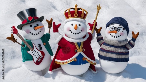 Snowmen Band in Royal Attire.Three snowmen dressed in thematic costumes including a guitarist, a king, and a scholar, set against a snowy backdrop. AI-generated. (ID: 809084742)