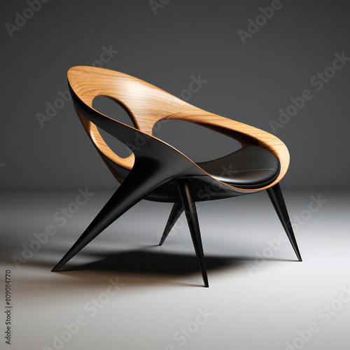 A wooden chair with a black cushion