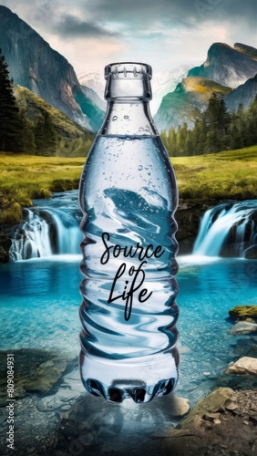  An artistic depiction of a water bottle against a mountain landscape.water is the source of life (ID: 809084931)