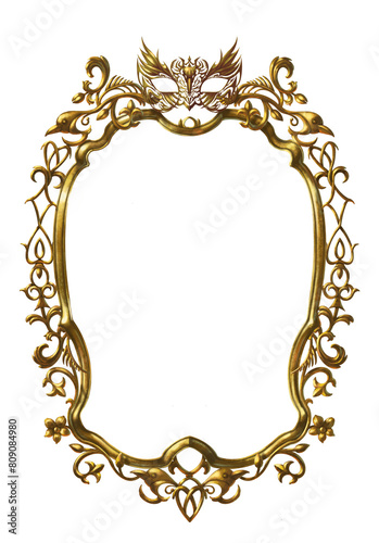 Luxurious Gothic Golden Frame with a Masquerade Mask. Isolated. Free-hand digital painting