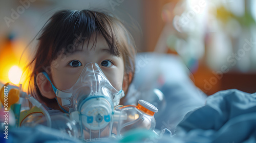 Asia child is laying with Oxygen Mask