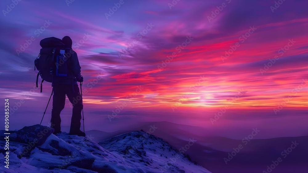 Hiker with backpack reaching mountain peak during vibrant sunset. Concept Hiking, Backpacking, Mountain Peak, Sunset, Adventure