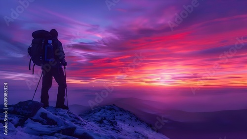 Hiker with backpack reaching mountain peak during vibrant sunset. Concept Hiking  Backpacking  Mountain Peak  Sunset  Adventure