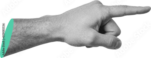 Black and white grained Caucasian man's hand pointing finger to side, modern collage element on transparent background, green cut