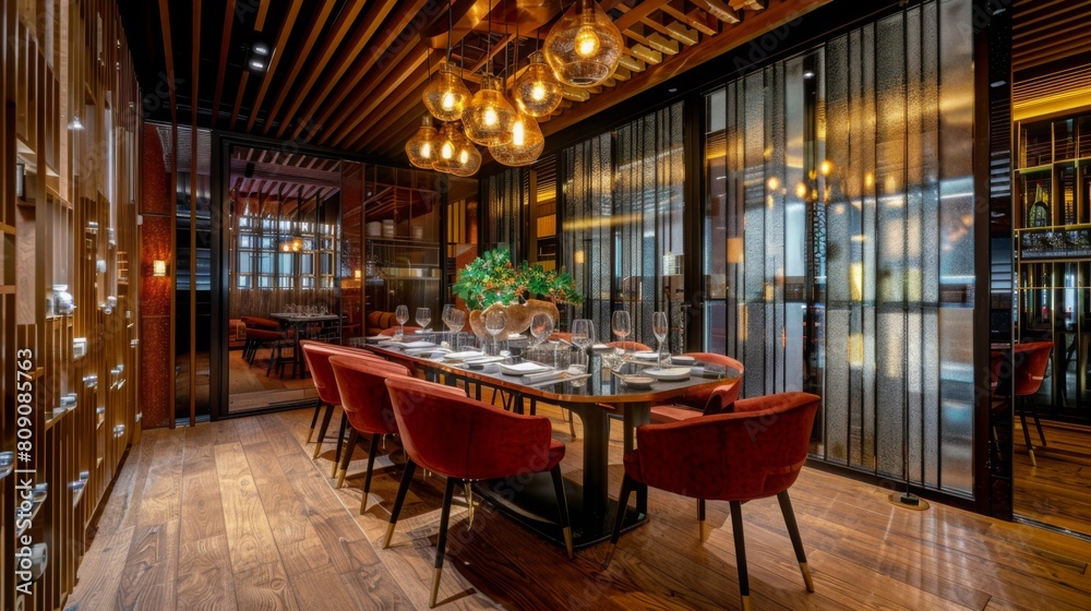 A dining room featuring a long table and red chairs, creating a sophisticated and inviting space for gatherings and meals.