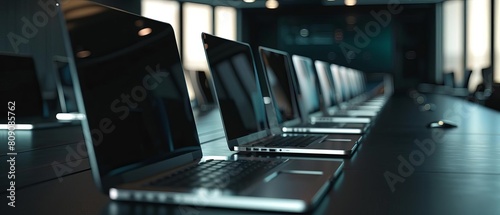 A conference room with laptops lined up