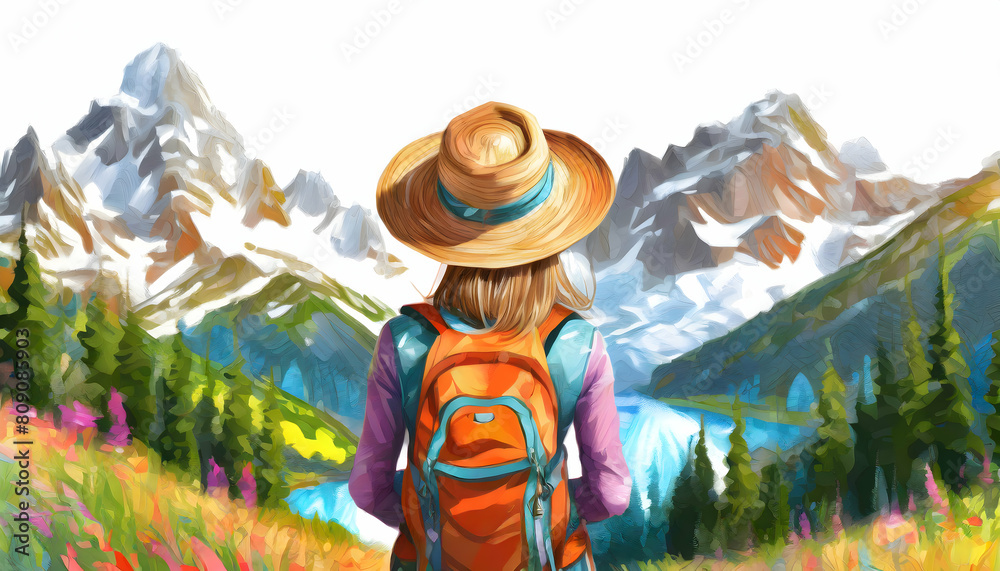 Joyful Scenic view of backpack standing in forest with tall coniferous trees on misty on digital art concept. Joyful Scenic view of backpack standing in forest with tall coniferous trees on misty on digital art concept.