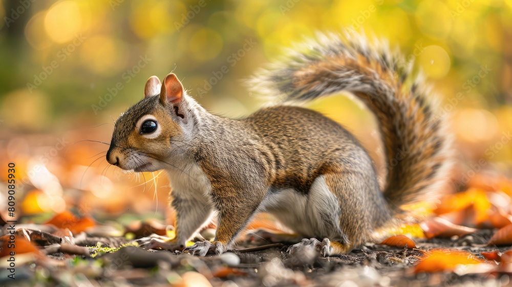 A squirrel sits on the forest floor, surrounded by fallen leaves. A squirrel sits on the forest floor, surrounded by fallen leaves.