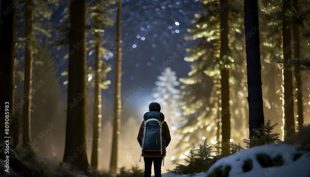 Joyful Scenic view of backpack standing in forest with tall coniferous trees on misty on digital art concept.