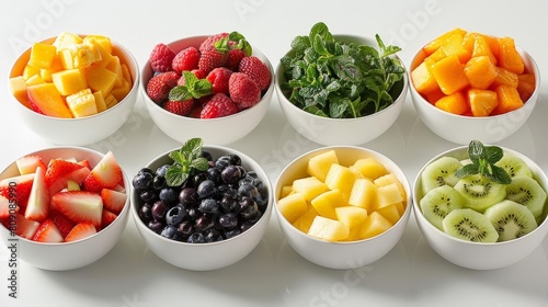 colorful fruit salad bar on transparent background featuring sliced kiwi  red strawberries  and white bowls