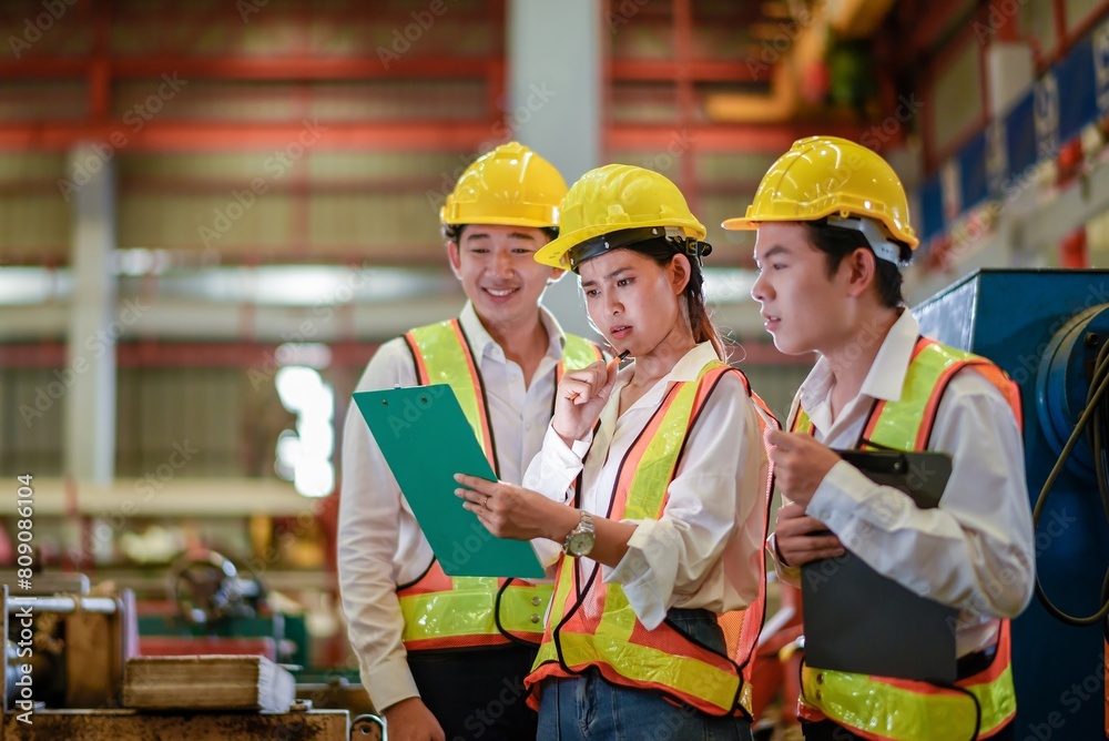 Factory apprenticeship. Header mentor teaching young employees trainee operating machine looking monitor and check Production process machinery. foreman explaining team engineer control machine Factory apprenticeship. Header mentor teaching young employees trainee operating machine looking monitor and check Production process machinery. foreman explaining team engineer control machine