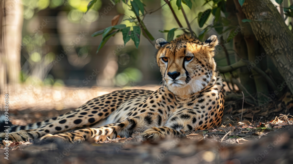 A cheetah is sitting under the shade of a tree. A cheetah is sitting under the shade of a tree.