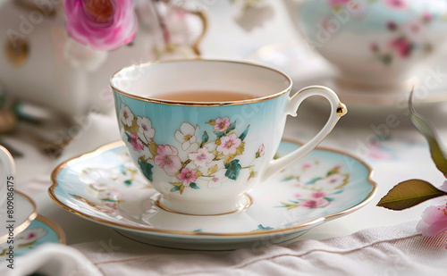 The teacup is white with a blue floral design and a gold rim. It is sitting on a white saucer. There is a pink rose in the background.