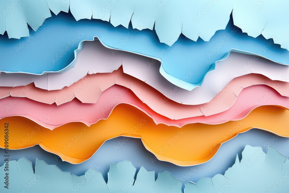 A background image with colorful paper cut waves in blue, pink, white, orange and yellow colors. A background image with colorful paper cut waves in blue, pink, white, orange and yellow colors.