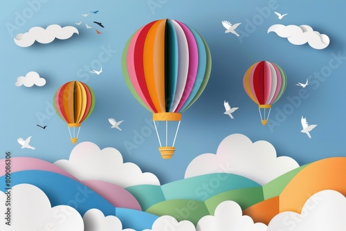Blue sky with white clouds and colorful hot air balloons paper cut style background