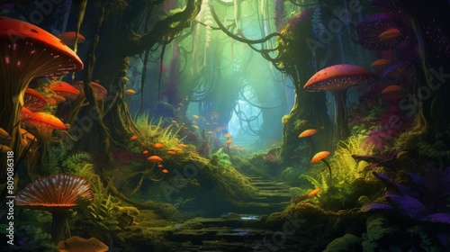 A forest with many different colored mushrooms and plants