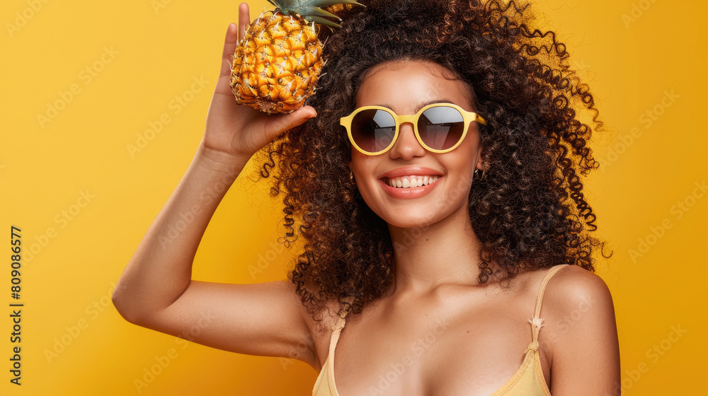 A beautiful young woman with curly hair is wearing a yellow swimsuit and sunglasses. She is holding a pineapple on her head and smiling. The background is yellow. A beautiful young woman with curly hair is wearing a yellow swimsuit and sunglasses. She is holding a pineapple on her head and smiling. The background is yellow.