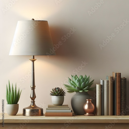 Lamp books and succulent plant on the shelf against beautiful pic