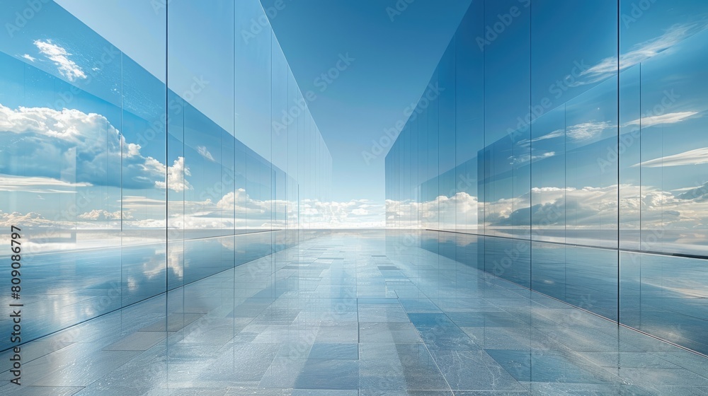 A long, mirrored hallway with a blue sky and clouds reflected in the walls. The floor is made of reflective tiles, and the ceiling is made of glass. A long, mirrored hallway with a blue sky and clouds reflected in the walls. The floor is made of reflective tiles, and the ceiling is made of glass.