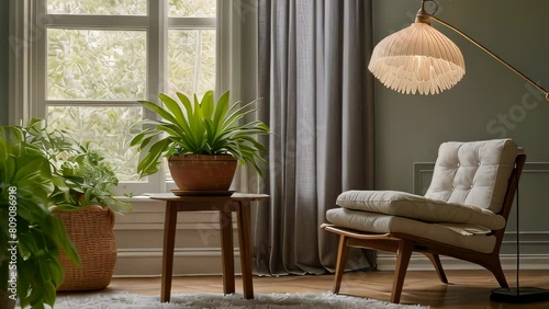 Video animation of well lit, cozy corner of a room with a strong focus on interior design and plant decoration. photo