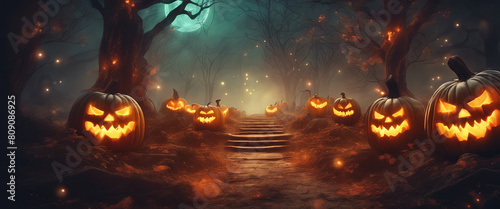 Halloween - Pumpkins In Spooky Forest With Tombs © Данил Шкадоревич