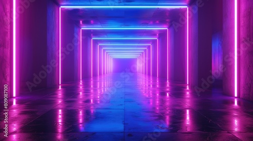 An empty futuristic sci-fi corridor with glowing purple and blue neon lights reflecting off the wet floor.