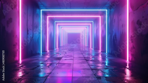 Glowing purple and blue neon lights illuminate a dark hallway.