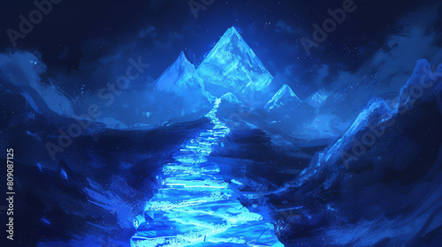 A glowing blue stone path leading up to the top of an icy mountain peak © HillTract