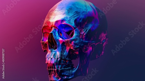 Colorful neon light human skull on dark background