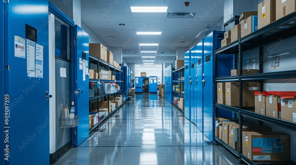 A well-lit warehouse aisle with organized shelves stocked with boxes and industrial supplies.