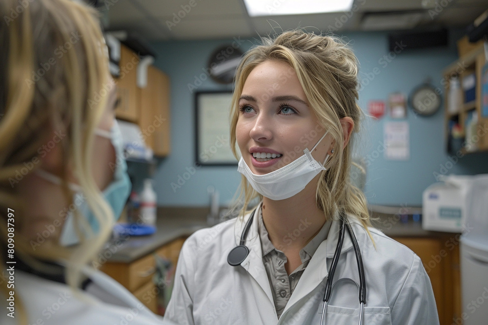 Young Blonde Doctor Wearing a Face Mask Talking to Colleague at the Hospital