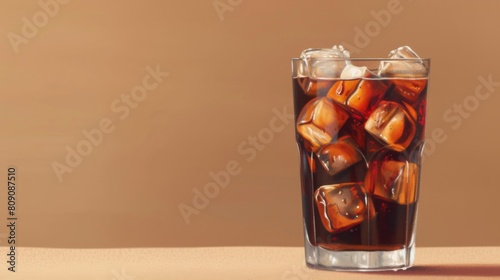 Glass of iced cola on a beige background