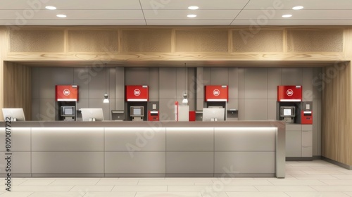 A sleek banking hall featuring multiple ATM machines  service counters  and a contemporary design aesthetic.