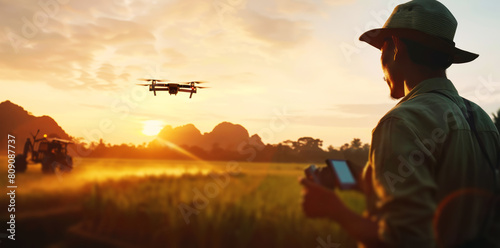 An agriculture drone pilot flying above a  field, a man holding a remote control 
