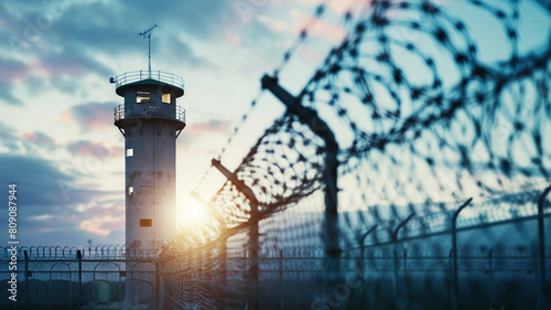 View of the fence and concertina wire of an old prison, with its watchtower photo